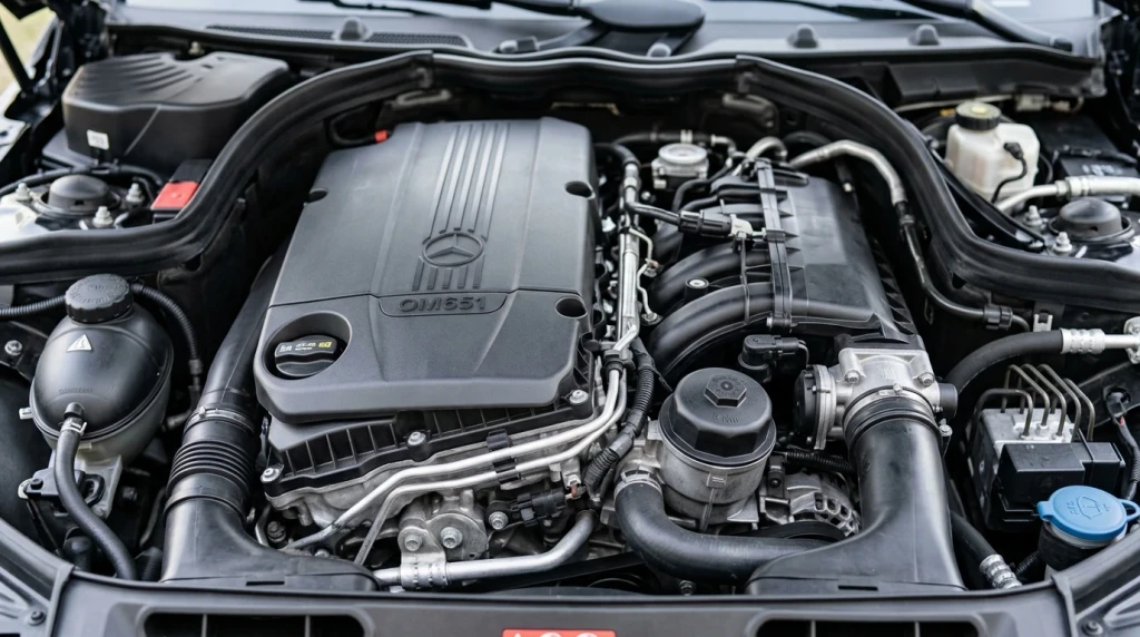 Blick auf das Gehäuse des Ölfilters im oberen Motorraum des Mercedes W204 Diesel.