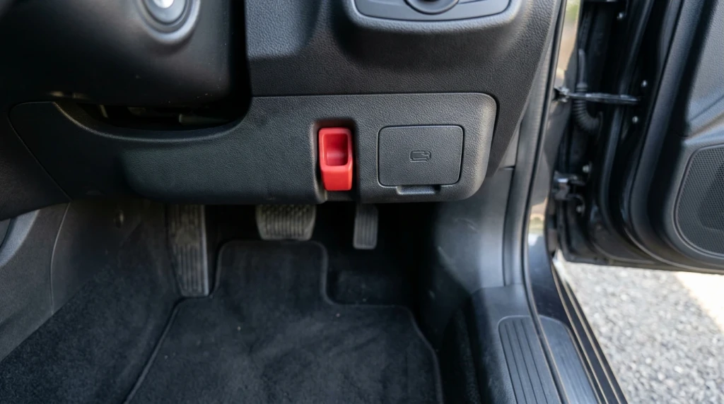 Der 16-polige OBD2-Diagnosestecker im Fahrer-Fußraum des Mercedes W204 nahe dem Motorhaubenhebel.