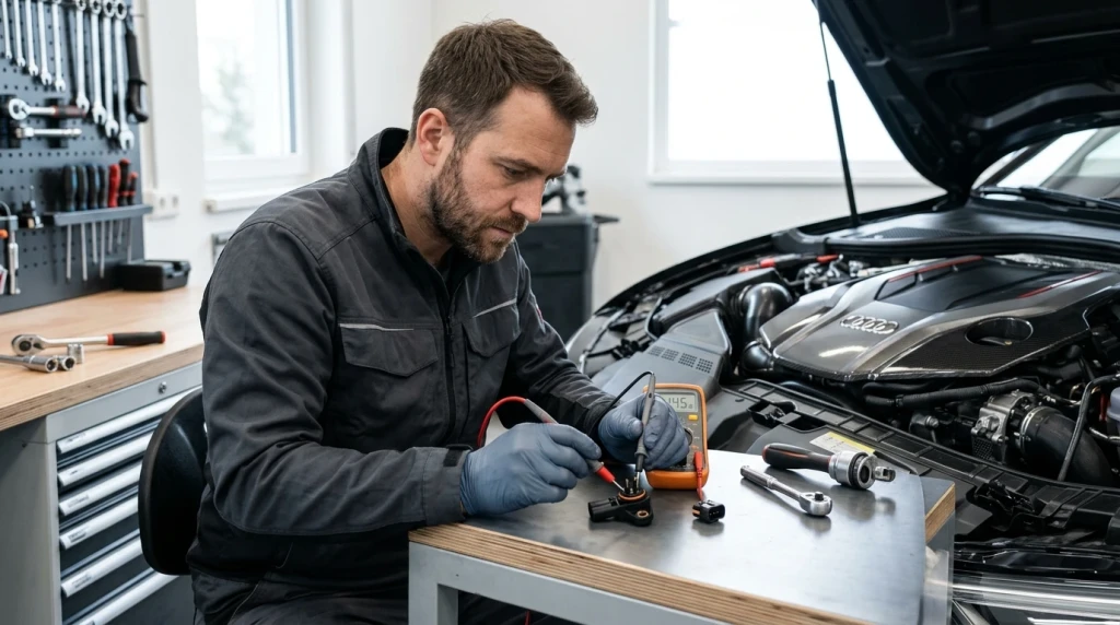 Multimeter-Messung des elektrischen Widerstands an einem ausgebauten Ansauglufttemperatursensor