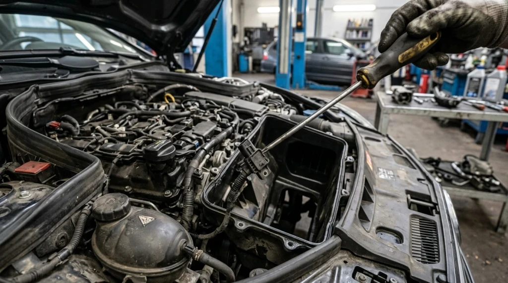 Einbauposition des unteren Ladedrucksensors beim Mercedes OM651 Motor unter dem Luftfilterkasten