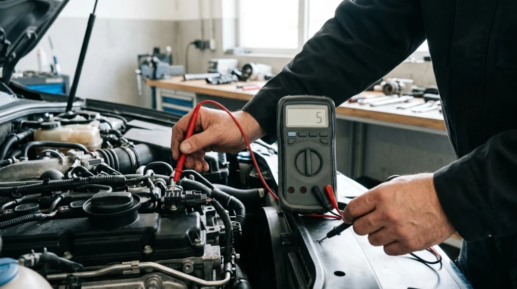 Spannungsmessung am Stecker des Mercedes Ladedrucksensors mit einem Multimeter