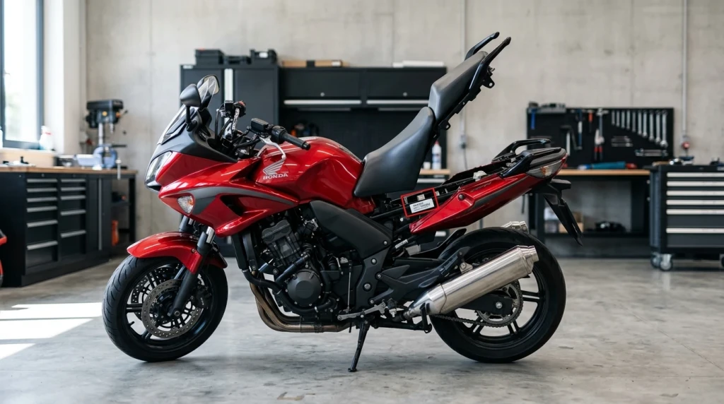 Wo steht der Farbcode beim Motorrad: Weißer Aufkleber unter der Sitzbank am Rahmen einer Honda CBF 1000.